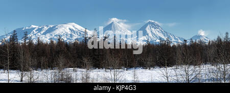 Panoramablick auf die winterlichen Vulkan Landschaft der Halbinsel Kamtschatka: Blick von Eruption aktiv klyuchevskoy Vulkan Landschaft und anderen schneebedeckten Rocky Vulkane Stockfoto