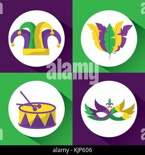 Farbige Mardi Gras hat drum Maske und Federn Bild einstellen Stock Vektor