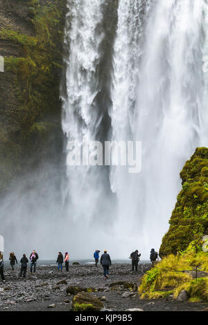 Skogar, Island - 9. September 2017: Touristen in der Nähe von skogafoss Wasserfall in Katla Geopark im Herbst. skogafoss ist einer der größten Wasserfälle in der c Stockfoto