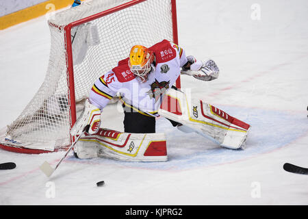 Moskau, Russland. November 2017. Magnus Hellberg von Kunlun Red Star tritt am 29. November 2017 beim Spiel der Kontinental Hockey League zwischen dem chinesischen Kunlun Red Star und dem russischen CSKA in Moskau an. CSKA gewann mit 3:1. Quelle: Evgeny Sinitsyn/Xinhua/Alamy Live News Stockfoto