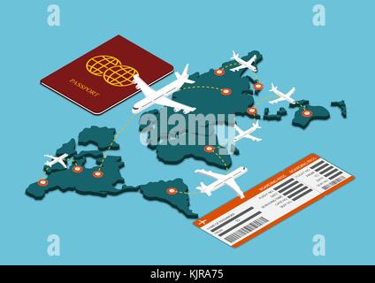 Wohnung 3 d isometrische Flugreisen Transport mit Reisepass und Bordkarte. Stock Vektor