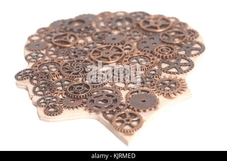 Menschliche Holz Kopf mit Gängen isoliert auf weißem Stockfoto