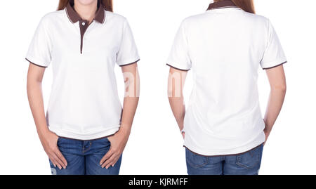 Frau in Weiß Polo Shirt auf weißem Hintergrund Stockfoto