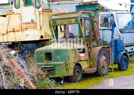 Ein schrottplatz, die speziell Fahrzeuge gilt für Schrott und Teile des Fahrzeugs vollständig gewachsen und verlassenen Fahrzeugen gebrochen. Stockfoto