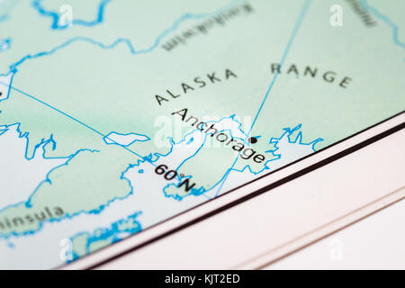 Nahaufnahme der eine Weltkarte mit Anchorage, Alaska im Fokus Stockfoto