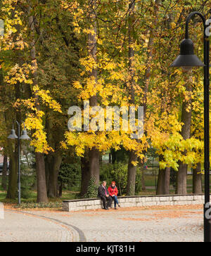 Der Mann und die Frau sitzt auf einer niedrigen Mauer in der Stadt Parks und Wäldern im Herbst mit den Bäumen ihre Herbst Farben angezeigt. Stockfoto