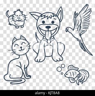 Symbole in der linearen Stil der Papagei. Kätzchen, Welpen, Fische, Hamster für tierärztliche Klinik, Pet Shop Stock Vektor