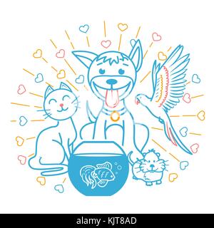 Konzept der Freundschaft von Haustieren in Form einer Katze, ein Hund, ein Papagei, ein Hamster neben einander sitzen. Symbol in der linearen Stil Stock Vektor