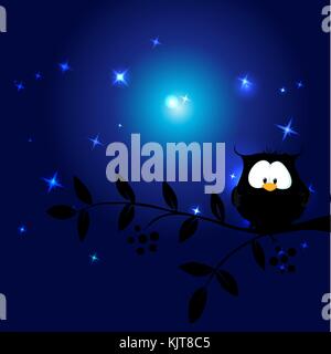 Cute Eule in der Nacht sitzen auf Zweig - Vector Illustration Stock Vektor