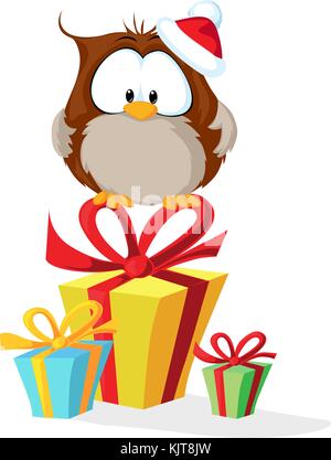 Cute Eule mit santas Hut sitzen auf Weihnachtsgeschenk - Vector Illustration Stock Vektor