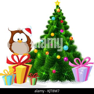 Cute Eule sitzt von Xmas Tree-Vector Illustration Stock Vektor