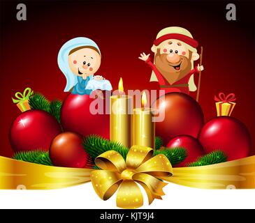 Joseph, Maria und Jesus - Weihnachten vektor Banner Design Illustration mit Kerze und Xmas ball Dekoration Stock Vektor