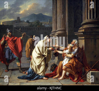 Belisarius, General des römischen Kaisers Justinian, reduziert auf das Betteln, wird von einer seiner ehemaligen Offiziere anerkannt. 1784. Von Jacques Louis David 1748-1825 Stockfoto