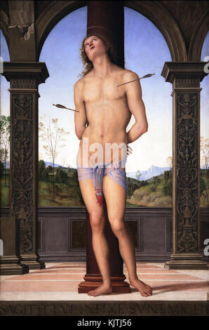 Gemälde des Heiligen Sebastian vom italienischen Renaissance-Maler Pietro Perugino. Alias Pietro di Cristoforo Vannucci 1450-1523. Pietro Perugino. Stockfoto