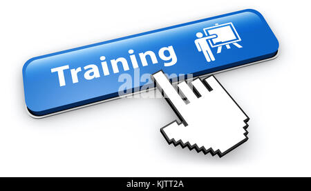 Trainingssymbol und Zeichen auf blauen Web-Button mit Hand-Cursor klicken Online-Bildungskonzept 3D-Illustration auf weißem Hintergrund. Stockfoto