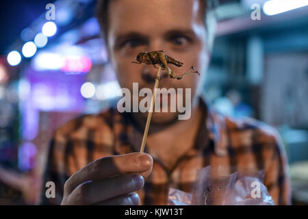 Kaukasischen jungen männlichen essen Kricket in der Nacht Markt in Thailand. Stockfoto