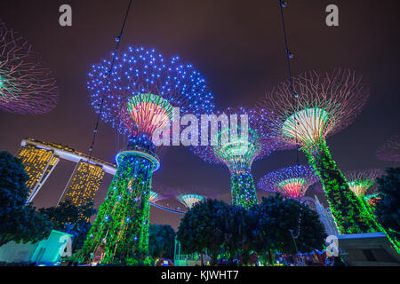 Singapur - November 19, 2017: supertree Grove zeigen, Singapur supertrees in der Nacht im Garten durch die Bucht leuchtet Stockfoto