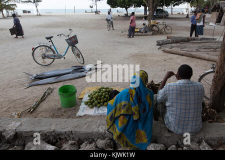 Nungwe, Sansibar, Tansania; die Fischer ihren Fang einbringen. Stockfoto