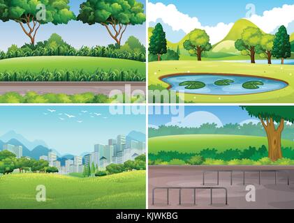 Vier park Szenen mit Bäumen und Feld Abbildung Stock Vektor