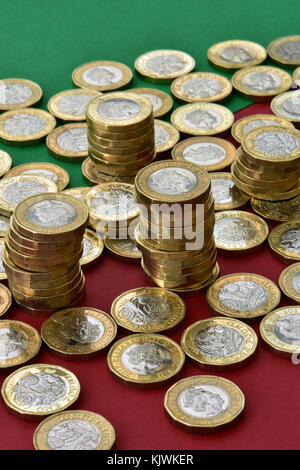 Ein Pfund Münzen aus uk Währung in den Stapel auf eine Streuung von anderen Münzen auf einer rot-grünen Hintergrund Weihnachten vorschlagen Ausgaben gestapelt. Stockfoto