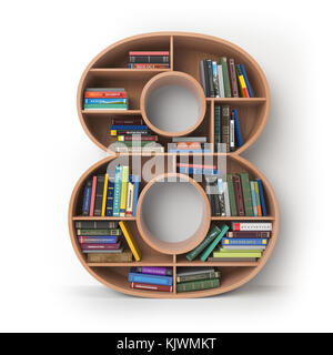 Nummer 8 acht. Alphabet in Form von Regalen mit Büchern isoliert auf weiß. 3D-Abbildung Stockfoto