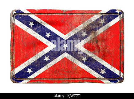 3D-Darstellung einer US-Flagge über einer rostigen Metallplatte isoliert auf weiß Stockfoto