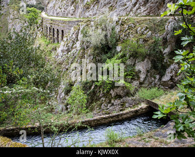 Wasserkraft Feeder Canal und service Pfad schlängelt sich durch die Tiefen karst Kalkstein Abgrund des Cares Schlucht im Norden Spaniens Stockfoto
