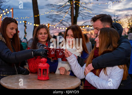 Fünf junge Leute trinken Glühwein am Weihnachtsmarkt Stockfoto