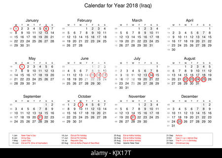 Kalender des Jahres 2018 mit Feiertagen und Feiertagen für Irak Stockfoto