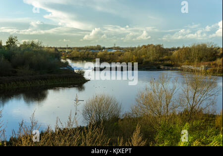 Ein Blick auf den Fluss Mersey aus einer erhöhten Position in Warrington woolston Augen genommen. Stockfoto