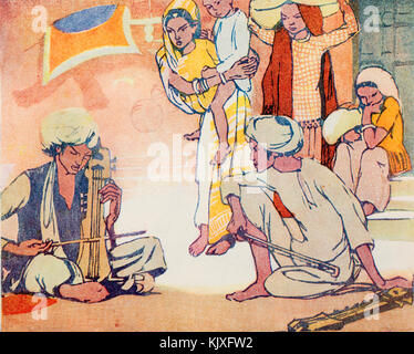Halbton Abbildung: Farbholzschnitt, indische Musiker in Street, spielen traditionelle Sarangi Violine Stockfoto