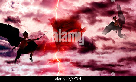 Teufel mit Dämonen in die Hölle. himmel wolken Reflexion am Meer - 3D-Rendering Stockfoto