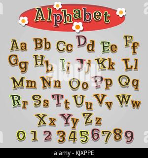 Cartoon Alphabet in kindlichen Stil. bunte Buchstaben und Zahlen. Vector Illustration. Stock Vektor