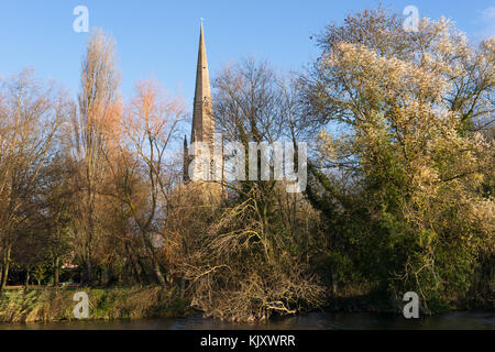 Allerheiligen Kirche Turm auf der anderen Seite des Flusses Great Ouse in St Ives, aus Hemingford Grey Wiese, Cambridgeshire, England, UK gesehen. Stockfoto