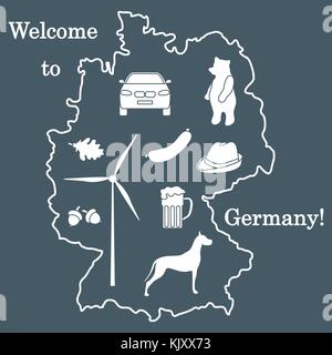 Vector Illustration mit verschiedenen Symbolen in Deutschland. Reisen und Freizeit. Design für Banner, Poster oder Drucken. Stock Vektor