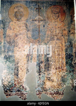 Ein Fresko in der Kirche St. Georg in Kurbinovo, das religiöse Szenen und kulturelle Kunst aus der byzantinischen Zeit darstellt. Stockfoto