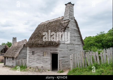 Plimoth Plantation ist eine Replikation der ursprünglichen Siedlung der Pilgrims in der Plymouth Colony, wo dem Mythos zufolge der erste Dank gewesen sein könnte Stockfoto