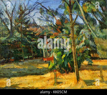 Dieses Kunstwerk mit dem Titel „A Corner of the Garden with a Bird Cage“ stammt von der japanischen Künstlerin Nakamura Tsune. Es zeigt eine ruhige Gartenszene mit einem Vogelkäfig, der die Ruhe und Schönheit traditioneller japanischer Kunst zeigt. Stockfoto
