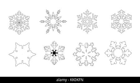 Eine Sammlung von 8 verschiedenen Schneeflocken auf weißem Hintergrund Stock Vektor