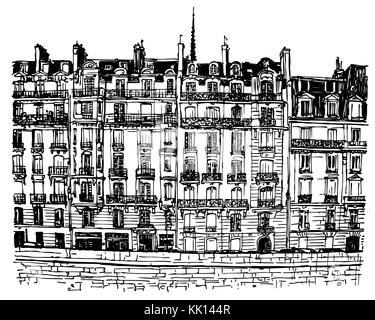Vector Illustration von Paris - Ile de la Cite - Fassaden entlang der Seine (Zeichnung) Stock Vektor