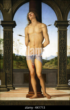 Gemälde des Heiligen Sebastian vom italienischen Renaissance-Maler Pietro Perugino. Alias Pietro di Cristoforo Vannucci 1450-1523. Pietro Perugino. Stockfoto