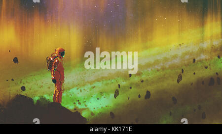 Der Astronaut steht auf einem Felsen in der Sternenklaren Weltraum mit bunten Licht, digital art Stil, Illustration Malerei Stockfoto