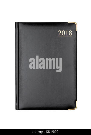 Schwarz Leder Notebook für 2018 auf weißem Hintergrund Stockfoto