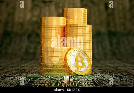 Golden Bitcoin auf Platine Layout - 3D-Rendering Stockfoto