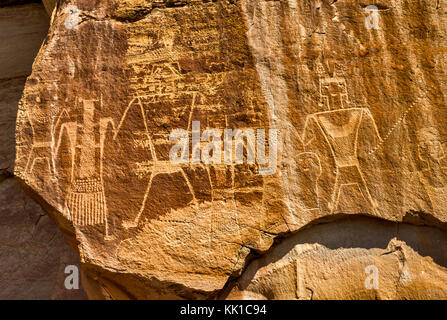 Indianische Felszeichnungen, Fremont Stil, in Dry Fork Canyon, McConkie Ranch, in der Nähe von Vernal, Utah, USA Stockfoto