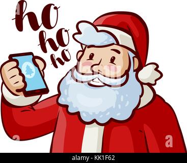 Glücklicher Weihnachtsmann mit Telefon in der Hand. Weihnachten, Weihnachtskonzept. Illustration des Zeichentrickvektors Stock Vektor