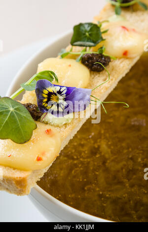 Stilvolle gourmet Zwiebelsuppe dekoriert mit Toast Scheibe Stockfoto