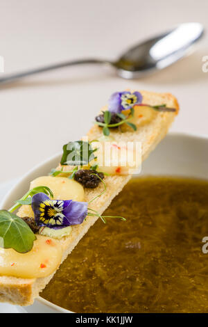 Stilvolle gourmet Zwiebelsuppe dekoriert mit Toast Scheibe Stockfoto