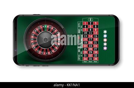 Realistische casino roulette Rad mit Chips am grünen Tisch isoliert. Online 3d casino roulette auf dem Smartphone mit Platz für Text. Vector Illustration Stock Vektor