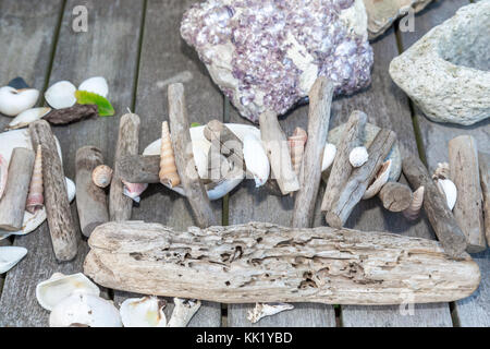 Muscheln, Holz und Steinen in einer einfachen Anordnung auf einem Tisch Stockfoto